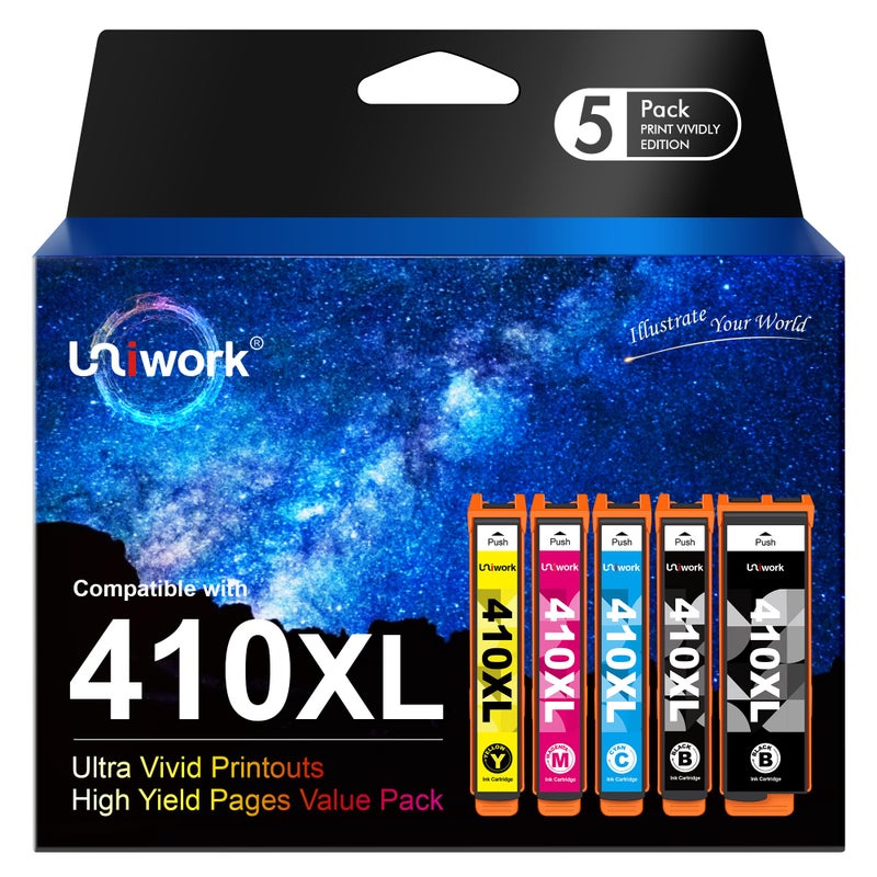 Uniwork Remanufactured 410XL Ink Cartridge Replacement for Epson 410XL 410 XL T410XL use for Expression XP-830 XP-640 XP-7100 XP-630 XP-530 XP-635 Printer Tray (Latest Upgraded Chip, 5 Pack) - Image 1
